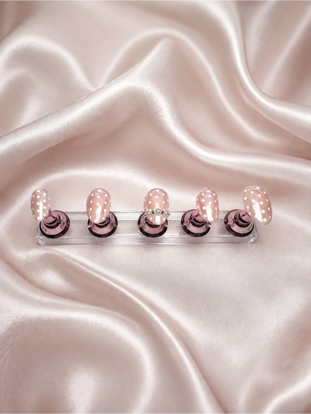 Handmade pink chrome polka dot press on nail set